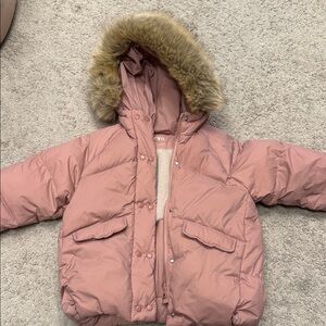 Zara girls Pink Puffer Jacket with Faux Fur Hood